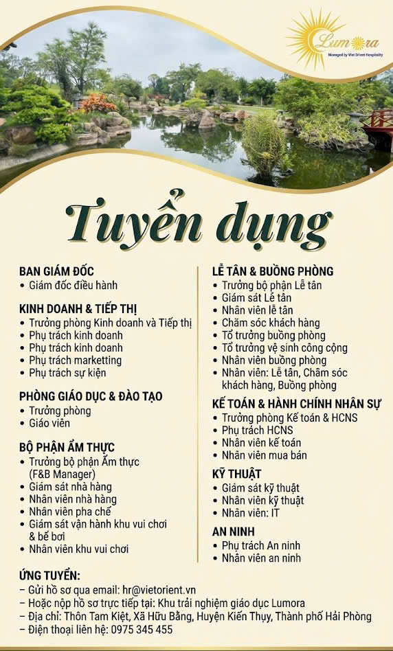 TUYỂN DỤNG -  KHU TRẢI NGHIỆM GIÁO DỤC LUMORA HẢI PHÒNG